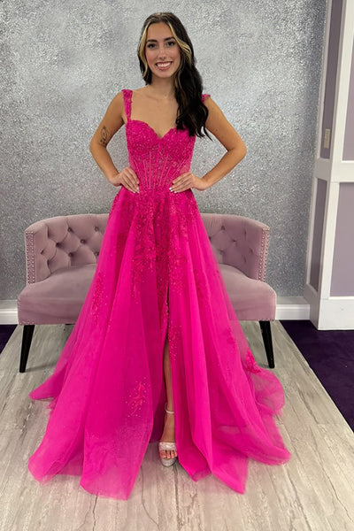 Sparkly Fuchsia A-Line Long Corset Prom Dress with Slit