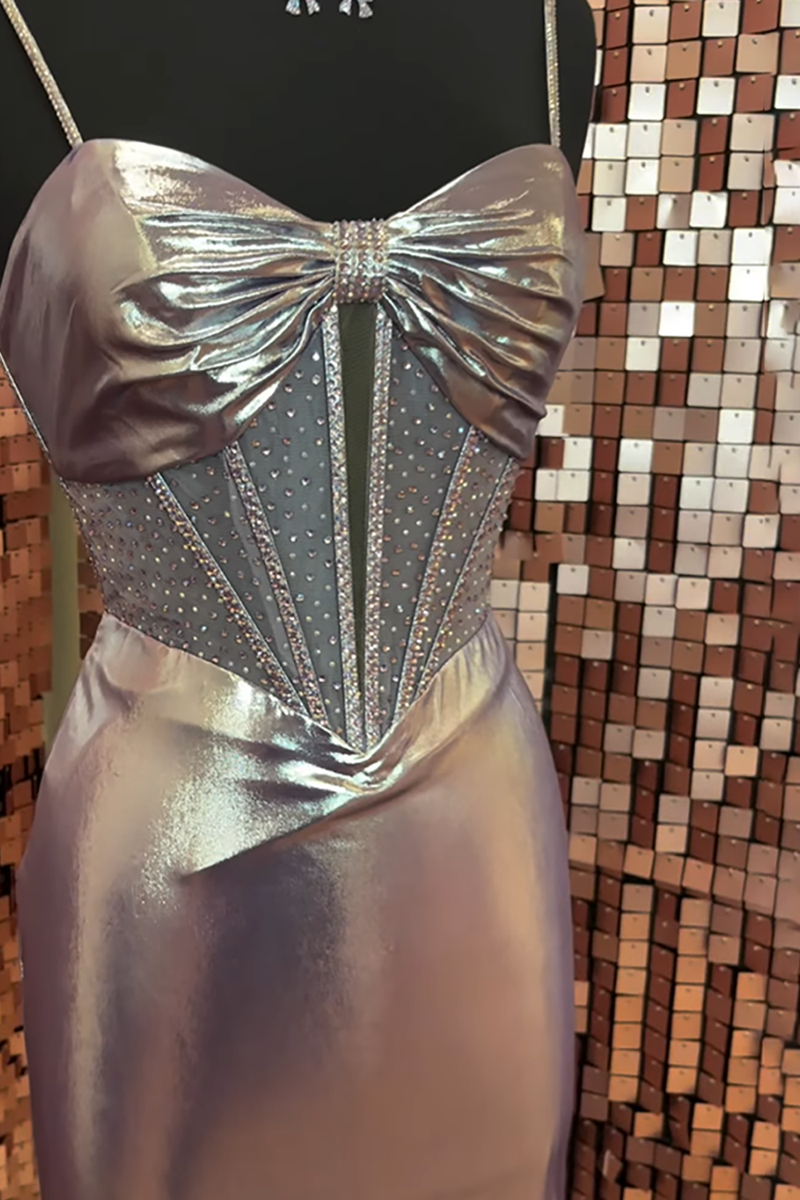 Load image into Gallery viewer, Sparkly Silver Metallic Mermaid Spaghetti Straps Long Corset Prom Dress