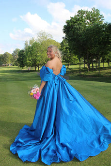 Royal Blue Ball Gown Off the Shoulder Long Prom Dress with Slit