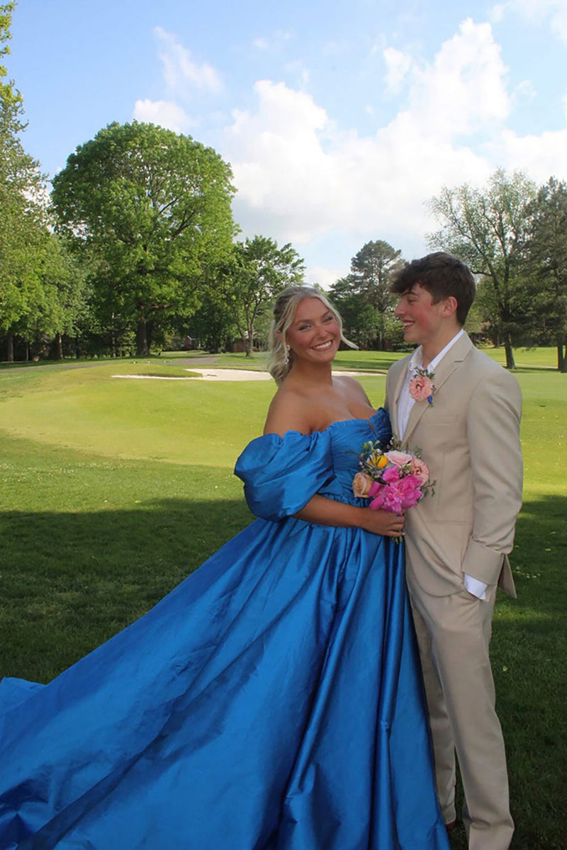 Load image into Gallery viewer, Royal Blue Ball Gown Off the Shoulder Long Prom Dress with Slit