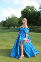 Load image into Gallery viewer, Royal Blue Ball Gown Off the Shoulder Long Prom Dress with Slit