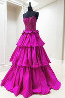 Load image into Gallery viewer, Sparkly Fuchsia Beaded Long Corset Prom Dress with Bows