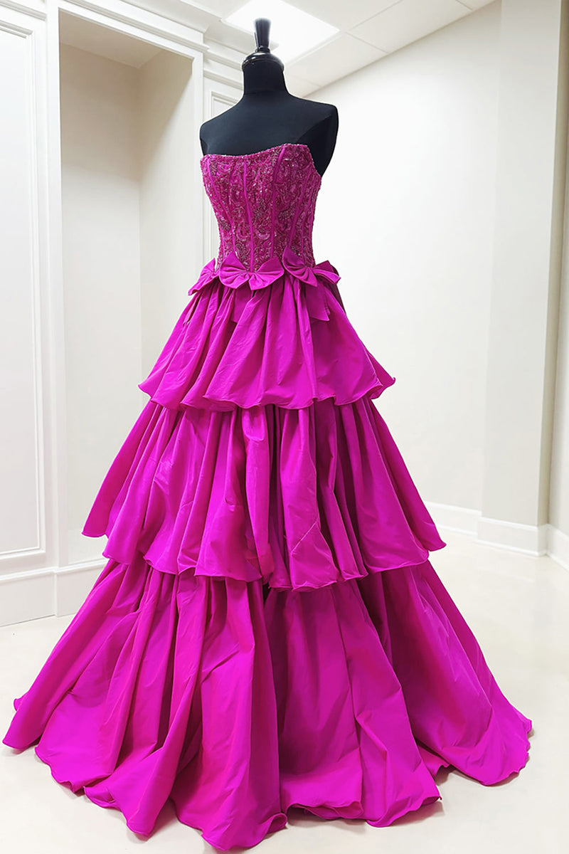 Load image into Gallery viewer, Sparkly Fuchsia Beaded Long Corset Prom Dress with Bows