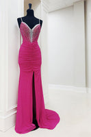 Load image into Gallery viewer, Sparkly Fuchsia Sheath Spaghetti Straps Long Corset Prom Dress with Slit