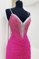 Load image into Gallery viewer, Sparkly Fuchsia Sheath Spaghetti Straps Long Corset Prom Dress with Slit