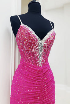 Sparkly Fuchsia Sheath Spaghetti Straps Long Corset Prom Dress with Slit