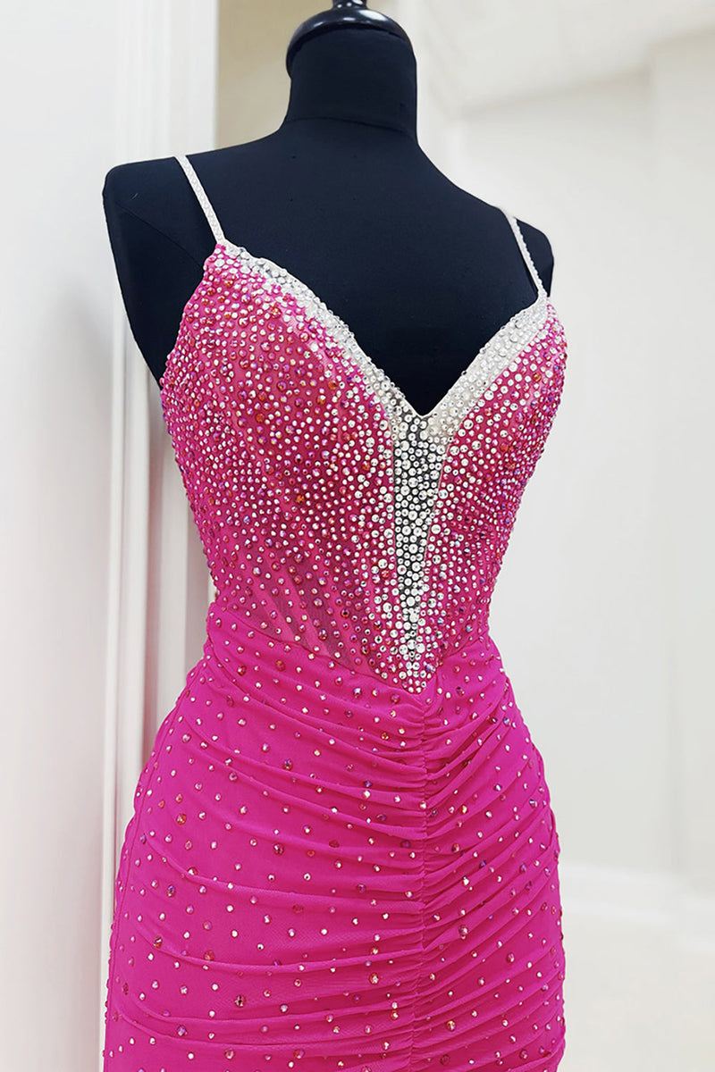 Load image into Gallery viewer, Sparkly Fuchsia Sheath Spaghetti Straps Long Corset Prom Dress with Slit