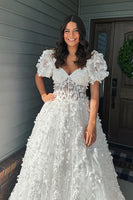 Load image into Gallery viewer, Sparkly White Puff Shoulder A Line Floral Long Corset Prom Dress