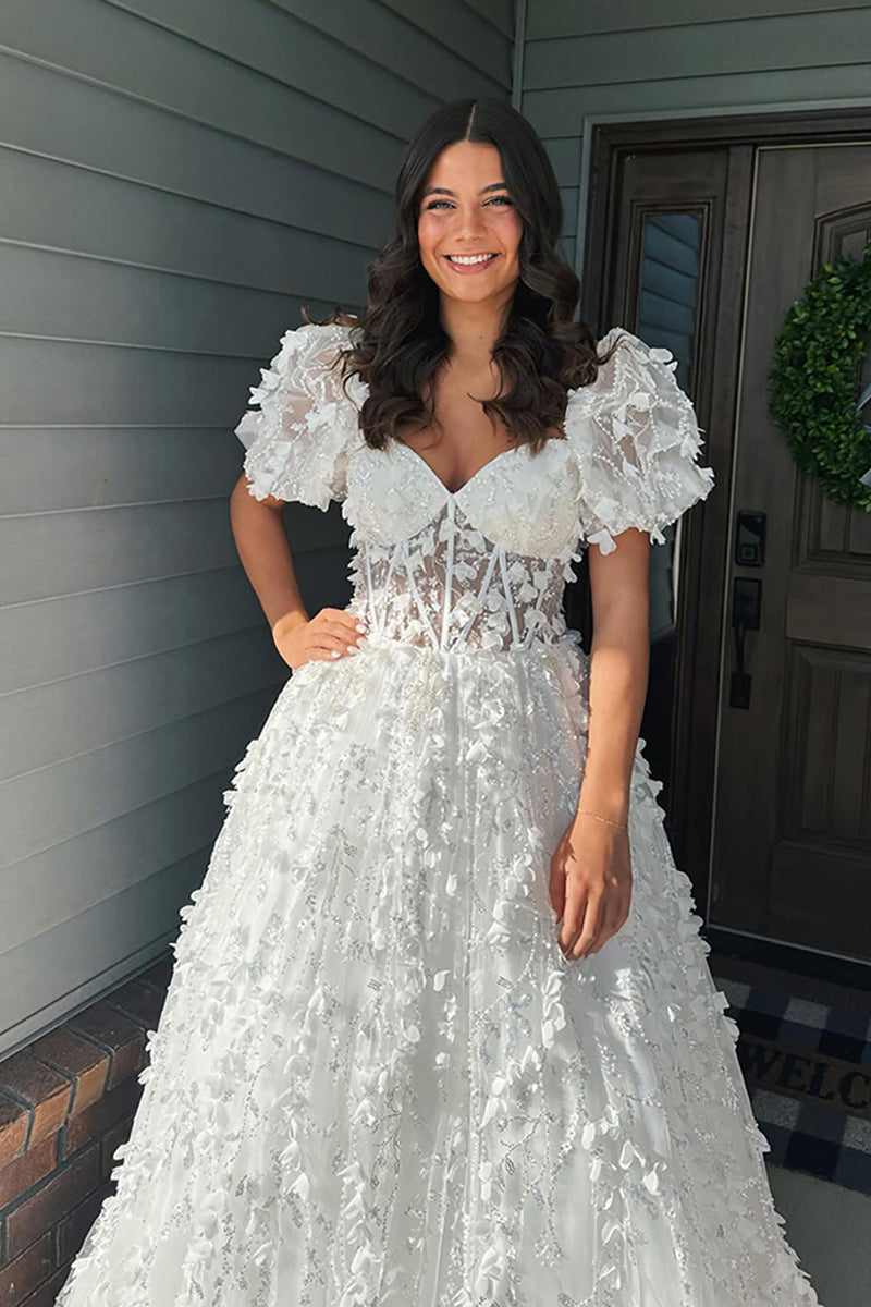 Load image into Gallery viewer, Sparkly White Puff Shoulder A Line Floral Long Corset Prom Dress