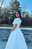 Load image into Gallery viewer, Sparkly White Puff Shoulder A Line Floral Long Corset Prom Dress