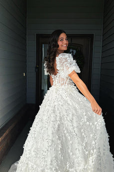 Sparkly White Puff Shoulder A Line Floral Long Corset Prom Dress