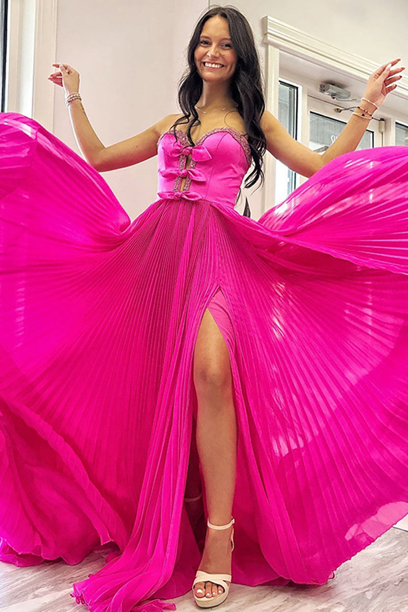 Load image into Gallery viewer, Sparkly Fuchsia Keyhole Long Beaded Prom Dress with Bows