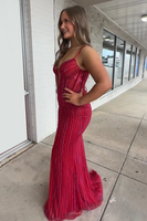 Load image into Gallery viewer, Sparkly Red Spaghetti Straps Mermaid Beaded Long Corset Prom Dress