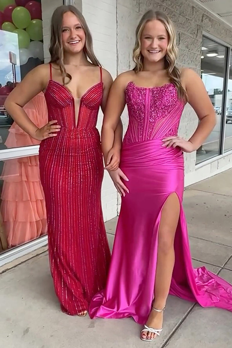 Load image into Gallery viewer, Sparkly Red Spaghetti Straps Mermaid Beaded Long Corset Prom Dress