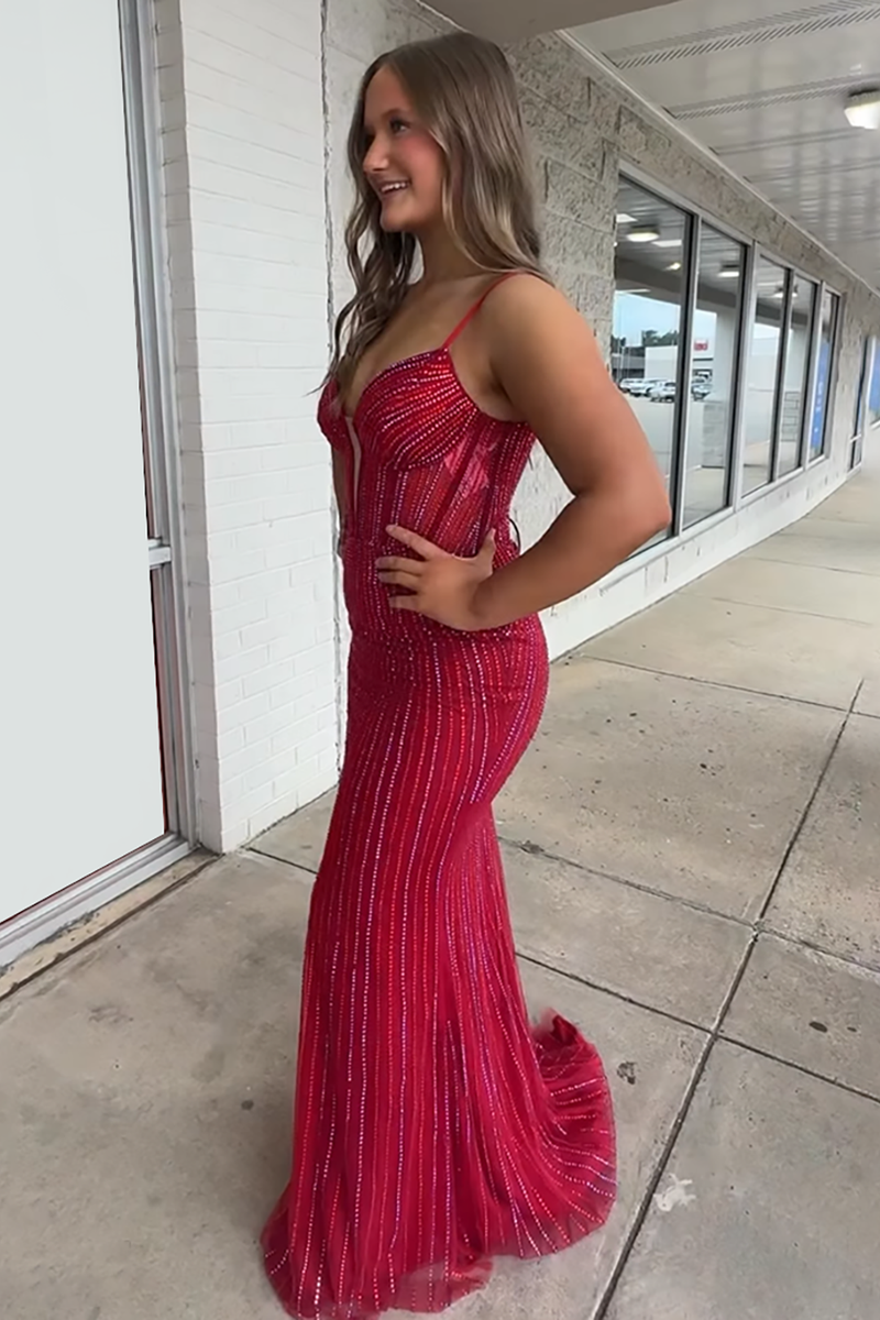 Load image into Gallery viewer, Sparkly Red Spaghetti Straps Mermaid Beaded Long Corset Prom Dress