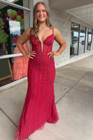 Load image into Gallery viewer, Sparkly Red Spaghetti Straps Mermaid Beaded Long Corset Prom Dress
