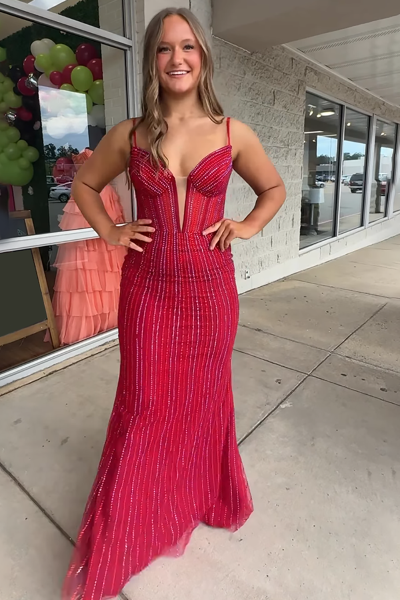 Load image into Gallery viewer, Sparkly Red Spaghetti Straps Mermaid Beaded Long Corset Prom Dress