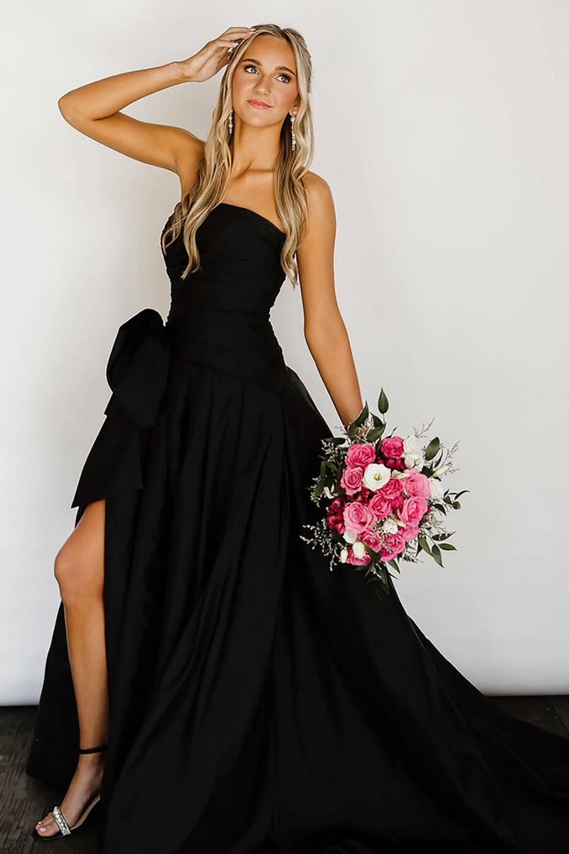 Load image into Gallery viewer, Strapless Black Ball Gown Long Prom Dress with Slit