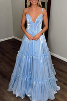 Load image into Gallery viewer, Blue Metallic A Line Spaghetti Straps Long Prom Dress