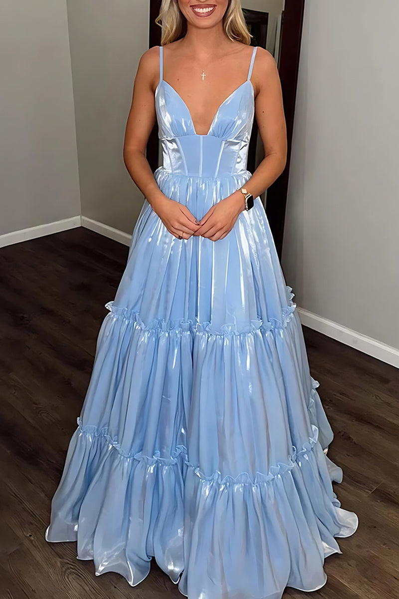 Load image into Gallery viewer, Blue Metallic A Line Spaghetti Straps Long Prom Dress