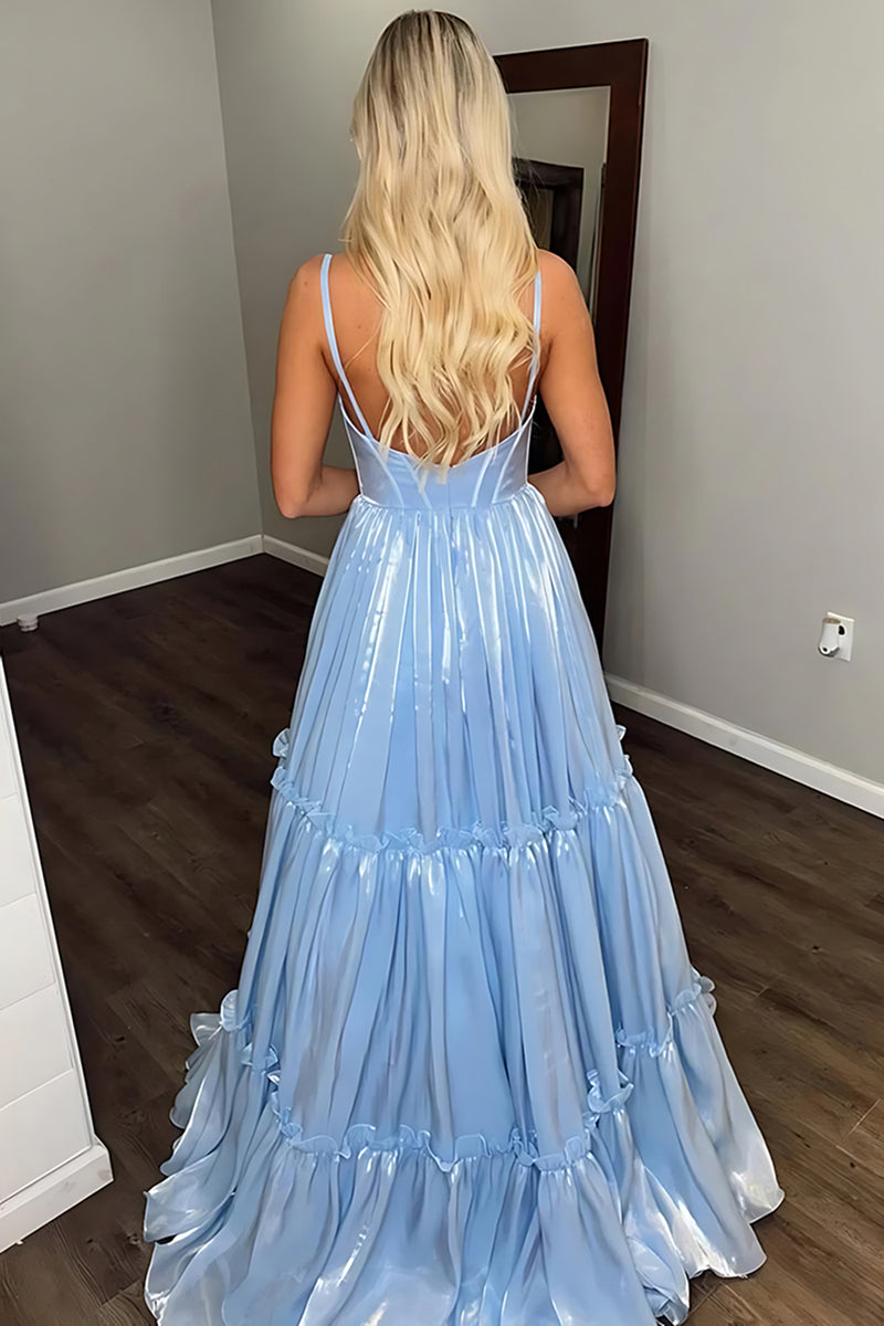 Load image into Gallery viewer, Blue Metallic A Line Spaghetti Straps Long Prom Dress