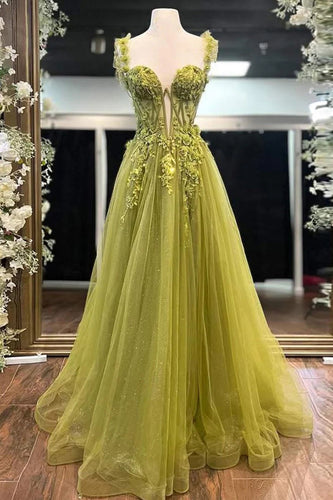 Green Tulle A Line Appliqued Corset Long Prom Dress