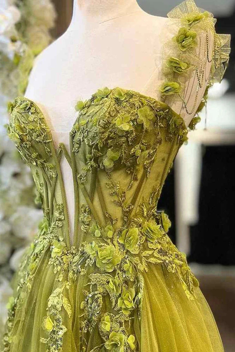 Load image into Gallery viewer, Green Tulle A Line Appliqued Corset Long Prom Dress