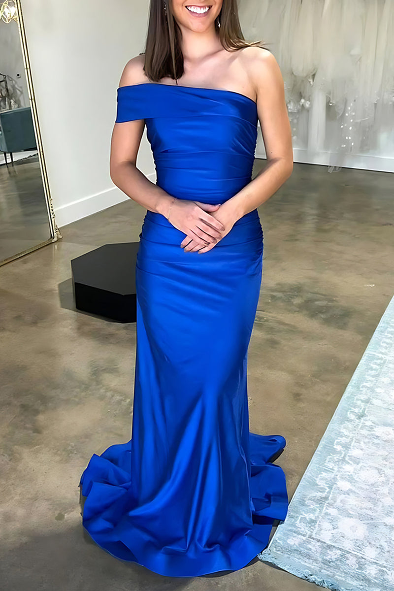 Load image into Gallery viewer, Royal Blue Satin One Shoulder Mermaid Long Prom Dress