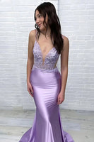 Load image into Gallery viewer, Purple Mermaid Spaghetti Straps Long Prom Dress with Appliques
