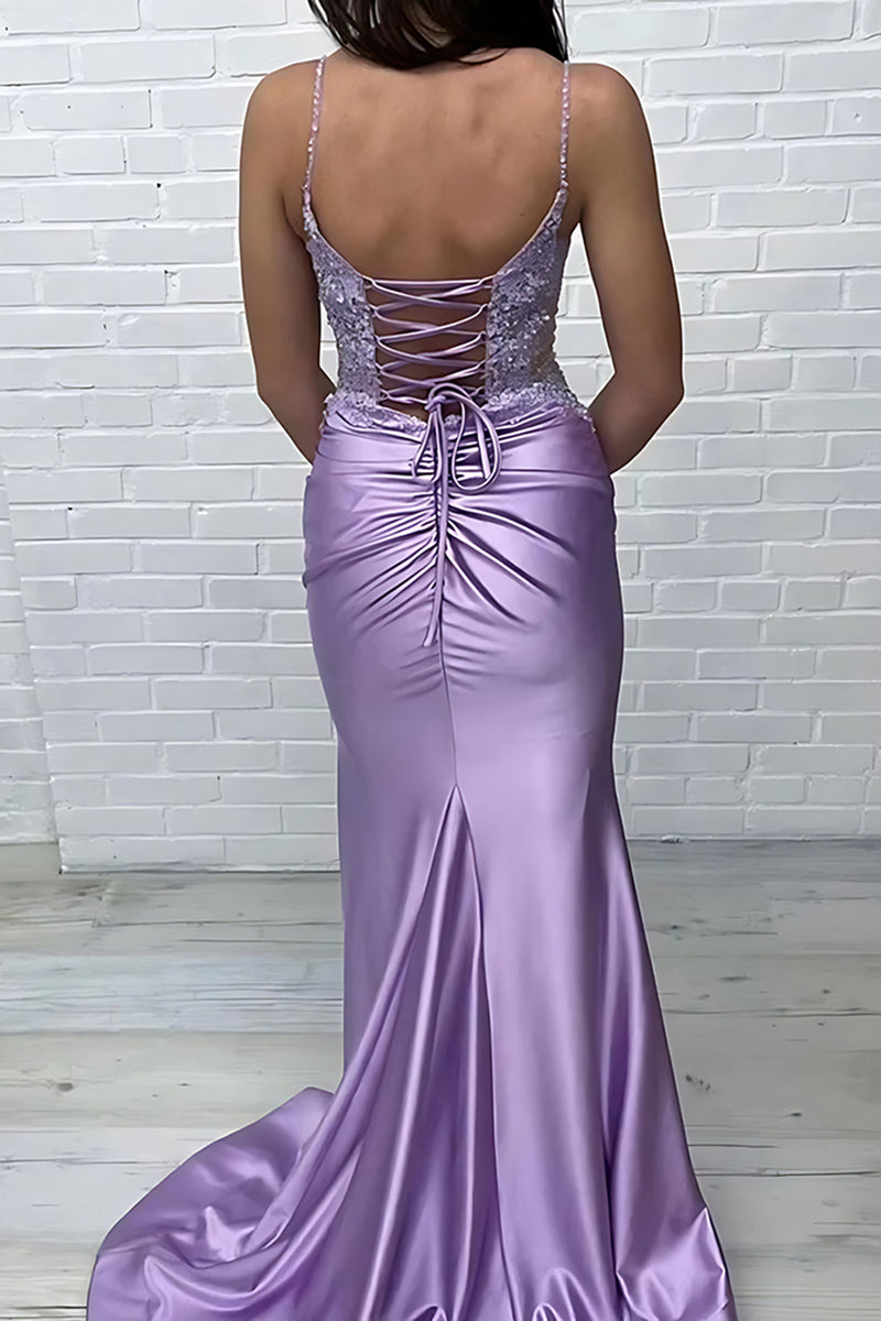 Load image into Gallery viewer, Purple Mermaid Spaghetti Straps Long Prom Dress with Appliques