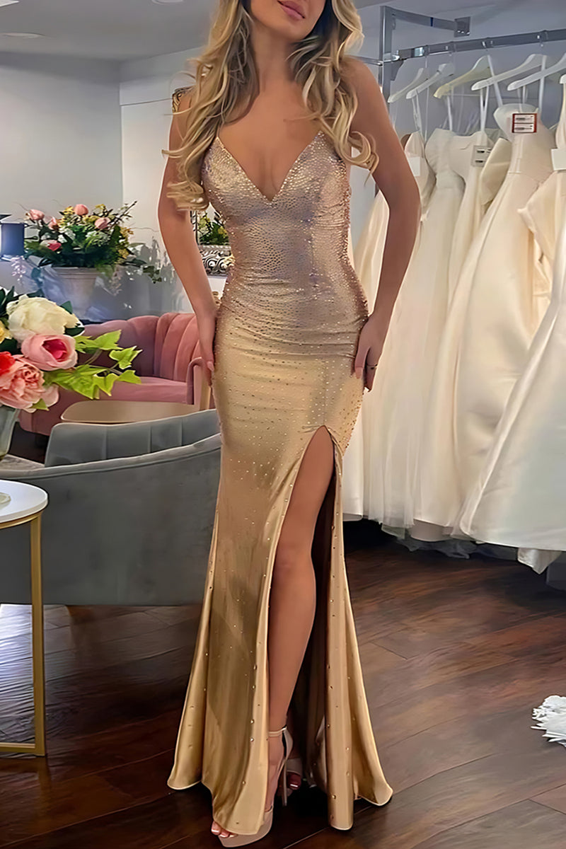 Load image into Gallery viewer, Sparkly Gold Mermaid Spaghetti Straps Long Prom Dress with Slit