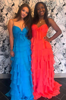 Load image into Gallery viewer, Yellow A Line Spaghetti Straps Ruffled Tiered Long Prom Dress with Slit