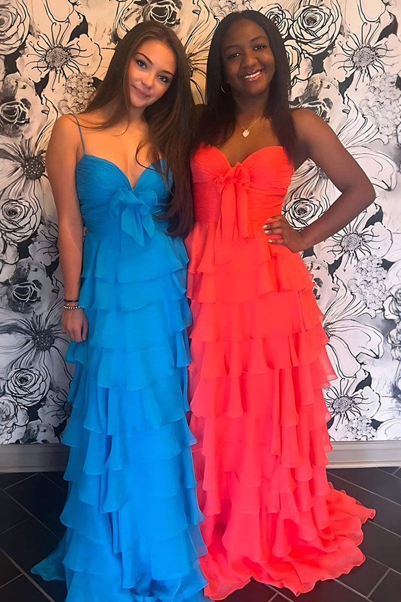 Load image into Gallery viewer, Yellow A Line Spaghetti Straps Ruffled Tiered Long Prom Dress with Slit