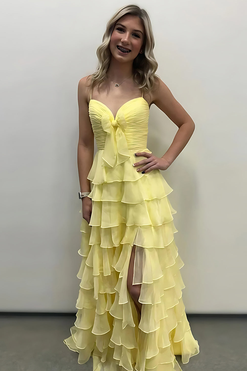 Yellow A Line Spaghetti Straps Ruffled Tiered Long Prom Dress with Slit