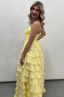 Load image into Gallery viewer, Yellow A Line Spaghetti Straps Ruffled Tiered Long Prom Dress with Slit