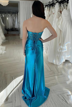 Sparkly Blue Sweetheart Corset Mermaid Long Prom Dress with Slit