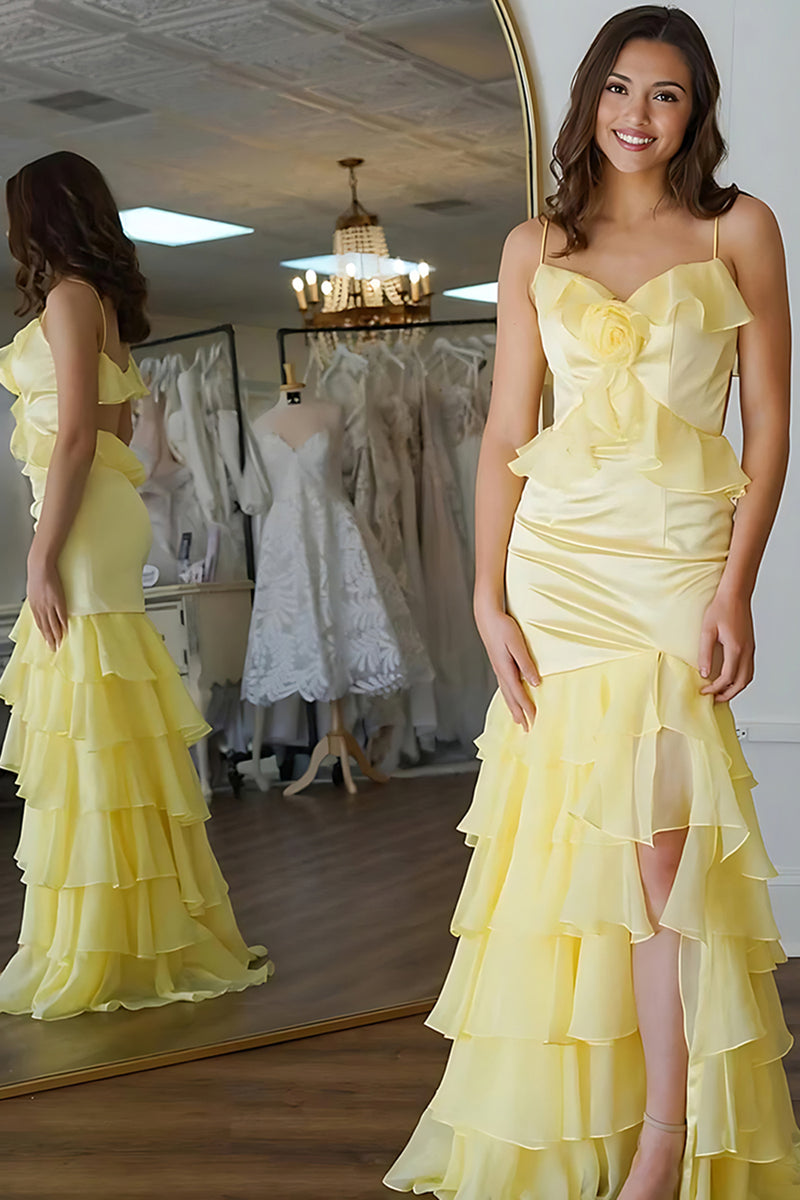 Load image into Gallery viewer, Yellow Floral Mermaid Spaghetti Straps Backless Long Prom Dress with Ruffles
