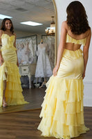 Load image into Gallery viewer, Yellow Floral Mermaid Spaghetti Straps Backless Long Prom Dress with Ruffles