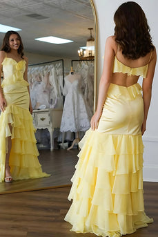 Yellow Floral Mermaid Spaghetti Straps Backless Long Prom Dress with Ruffles