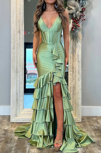 Green Satin Mermaid V Neck Ruffled Long Prom Dress with Slit