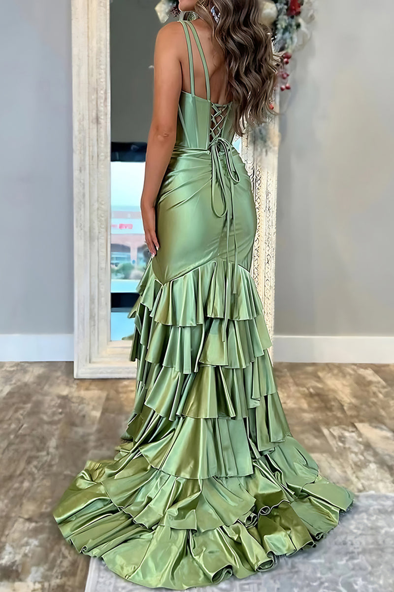 Load image into Gallery viewer, Green Satin Mermaid V Neck Ruffled Long Prom Dress with Slit