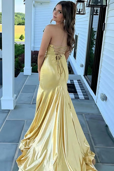 Yellow Strapless Satin Mermaid Long Prom Dress with Slit