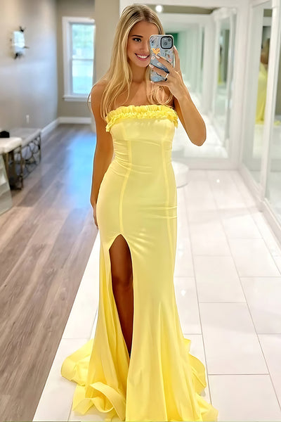 Yellow Strapless Mermaid Ruffled Long Prom Dress with Slit