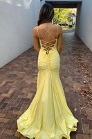 Load image into Gallery viewer, Yellow Mermaid Spaghetti Straps Long Prom Dress with Slit