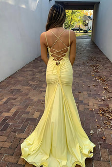 Yellow Mermaid Spaghetti Straps Long Prom Dress with Slit