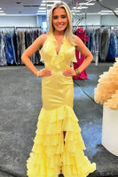 Load image into Gallery viewer, Yellow Mermaid V Neck Ruffled Long Prom Dress with Slit