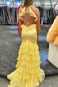 Yellow Mermaid V Neck Ruffled Long Prom Dress with Slit