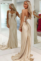 Load image into Gallery viewer, Champagne Satin Halter Mermaid Long Corset Prom Dress