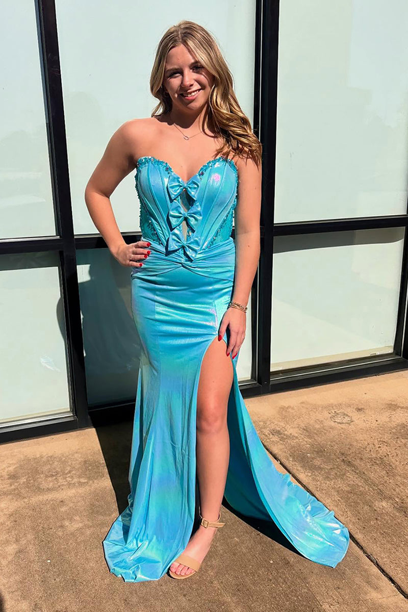 Load image into Gallery viewer, Sparkly Fuchsia Metallic Sweetheart Mermaid Long Corset Prom Dress with Slit