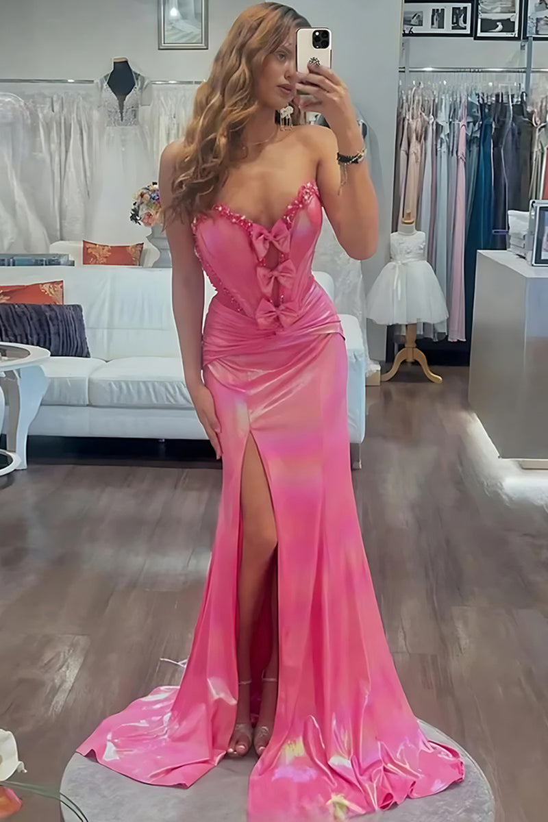 Load image into Gallery viewer, Sparkly Fuchsia Metallic Sweetheart Mermaid Long Corset Prom Dress with Slit